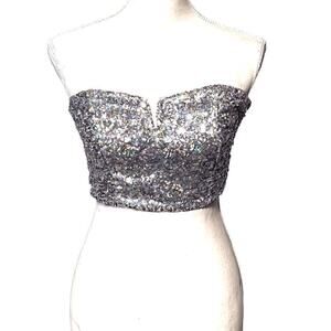 Day + Moon Silver Sequin Strapless Crop Top Bralette Sexy Sparkly Dazzling Small